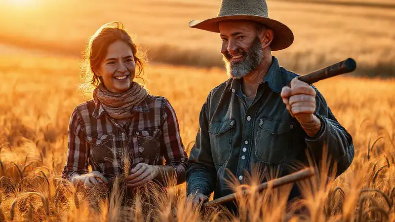 Campesinos cosechan trigo al atardecer